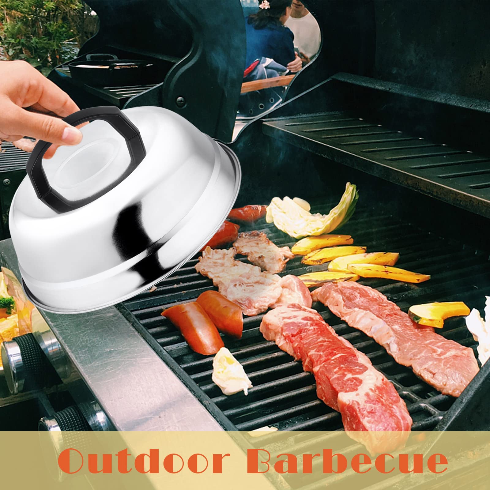 9In Cheese Melting Dome, Hasteel 2Pcs Stainless Steel Round Basting Cover, Lightweight Steam Cover Lid With Plastic Handle, Dura